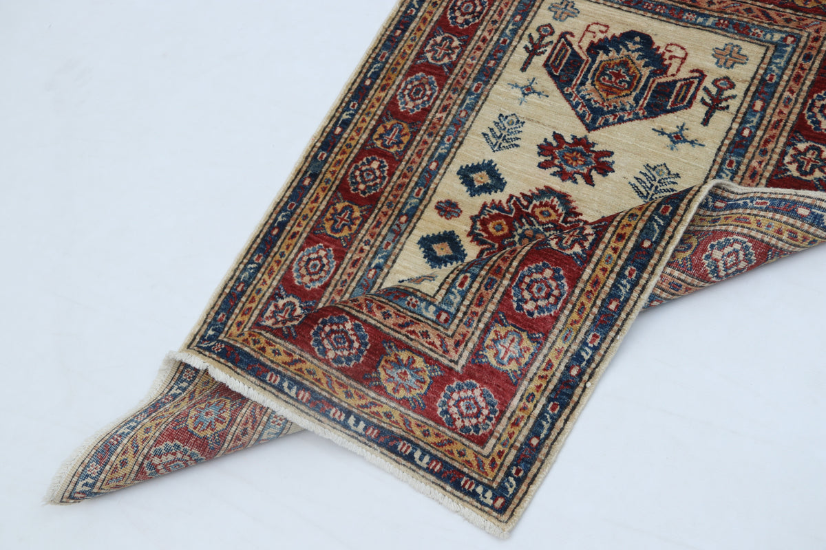 Detail 11 of beige floral Super Kazak cotton-and-wool rug, 2.5 x 4 ft