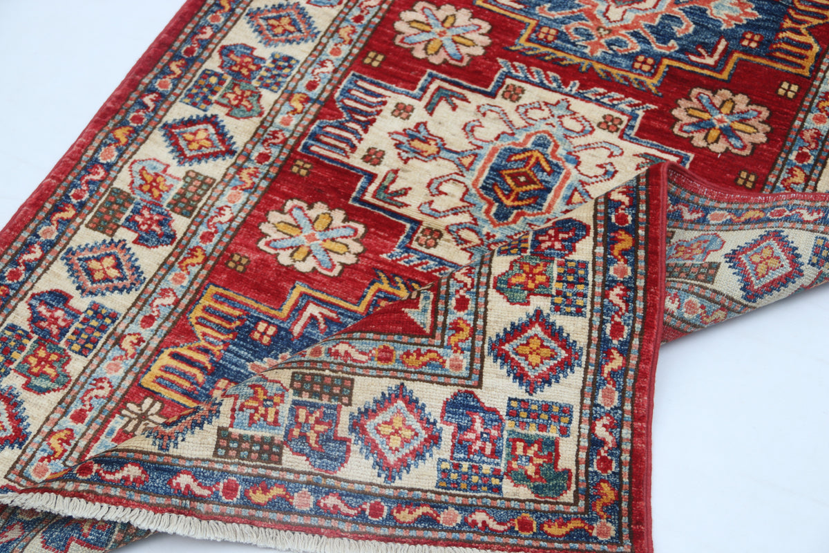 Detail 10 of red floral Super Kazak cotton-and-wool rug, 2.5 x 4 ft