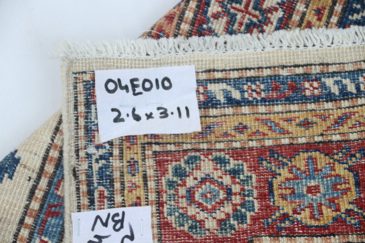 Detail view 10 of beige Super Kazak handwoven wool rug, 2.5 x 4 ft