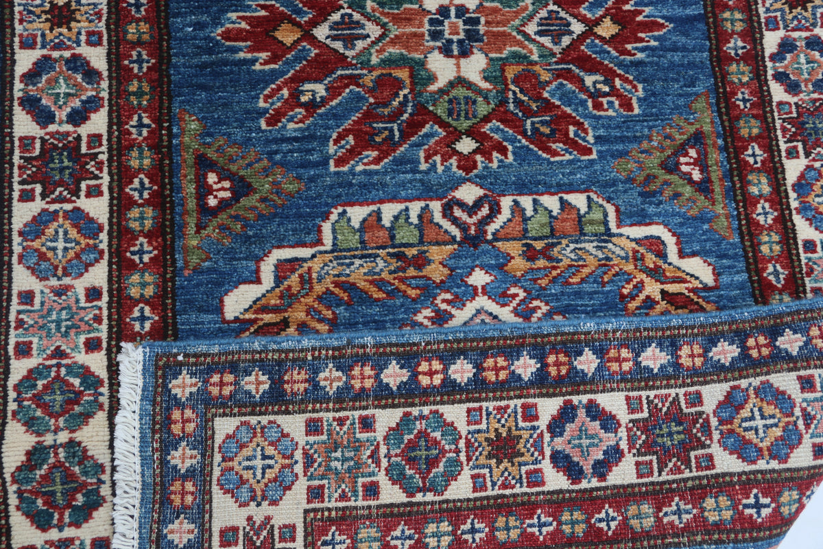 Detail 8 of blue floral Super Kazak cotton-and-wool rug, 2.5 x 4 ft