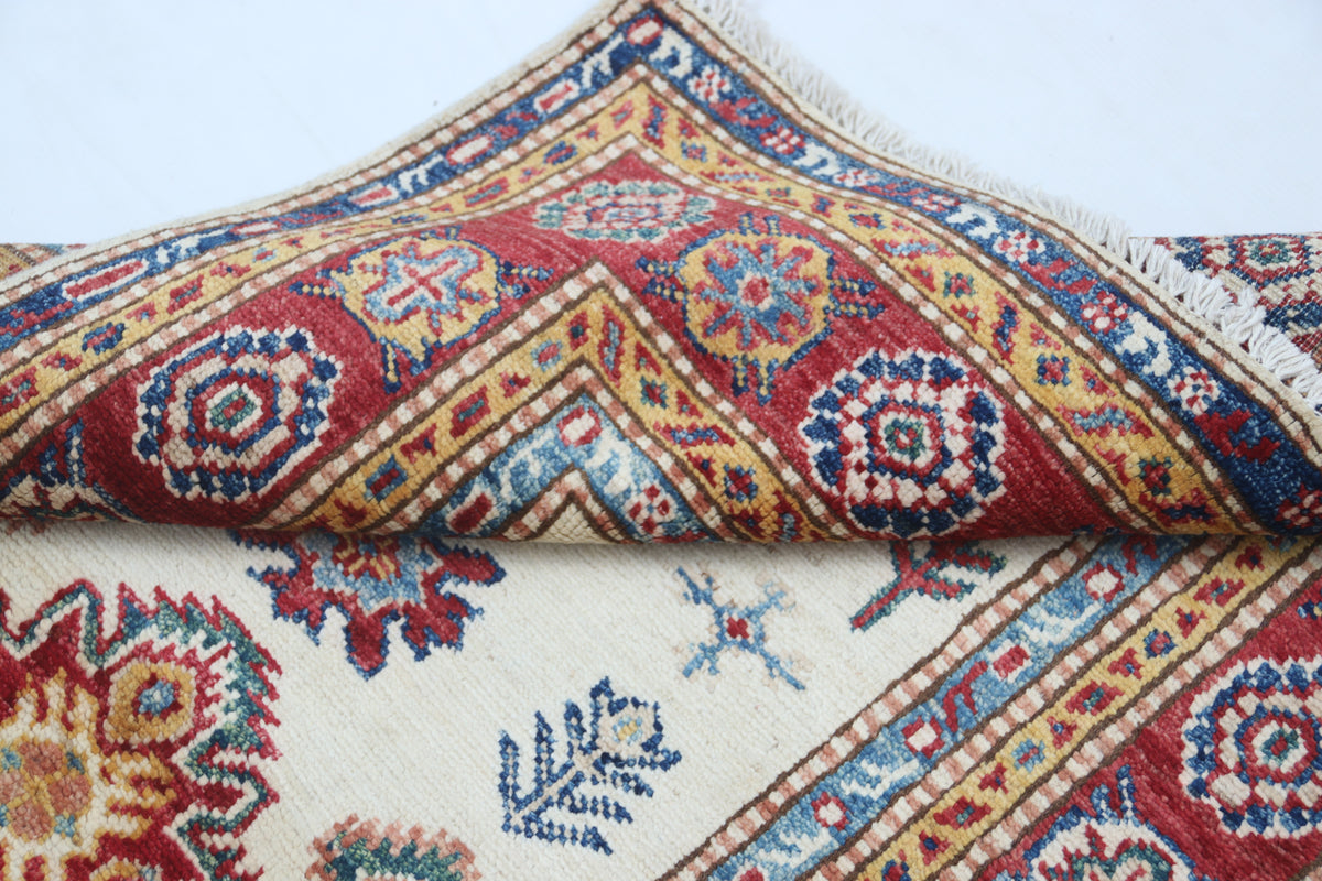 Detail view 12 of beige Super Kazak handwoven wool rug, 2.5 x 4 ft