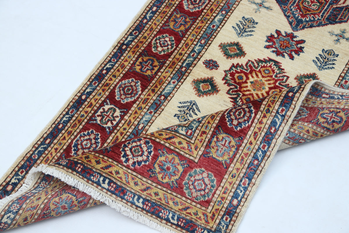 Detail 10 of beige floral Super Kazak cotton-and-wool rug, 2.5 x 4 ft