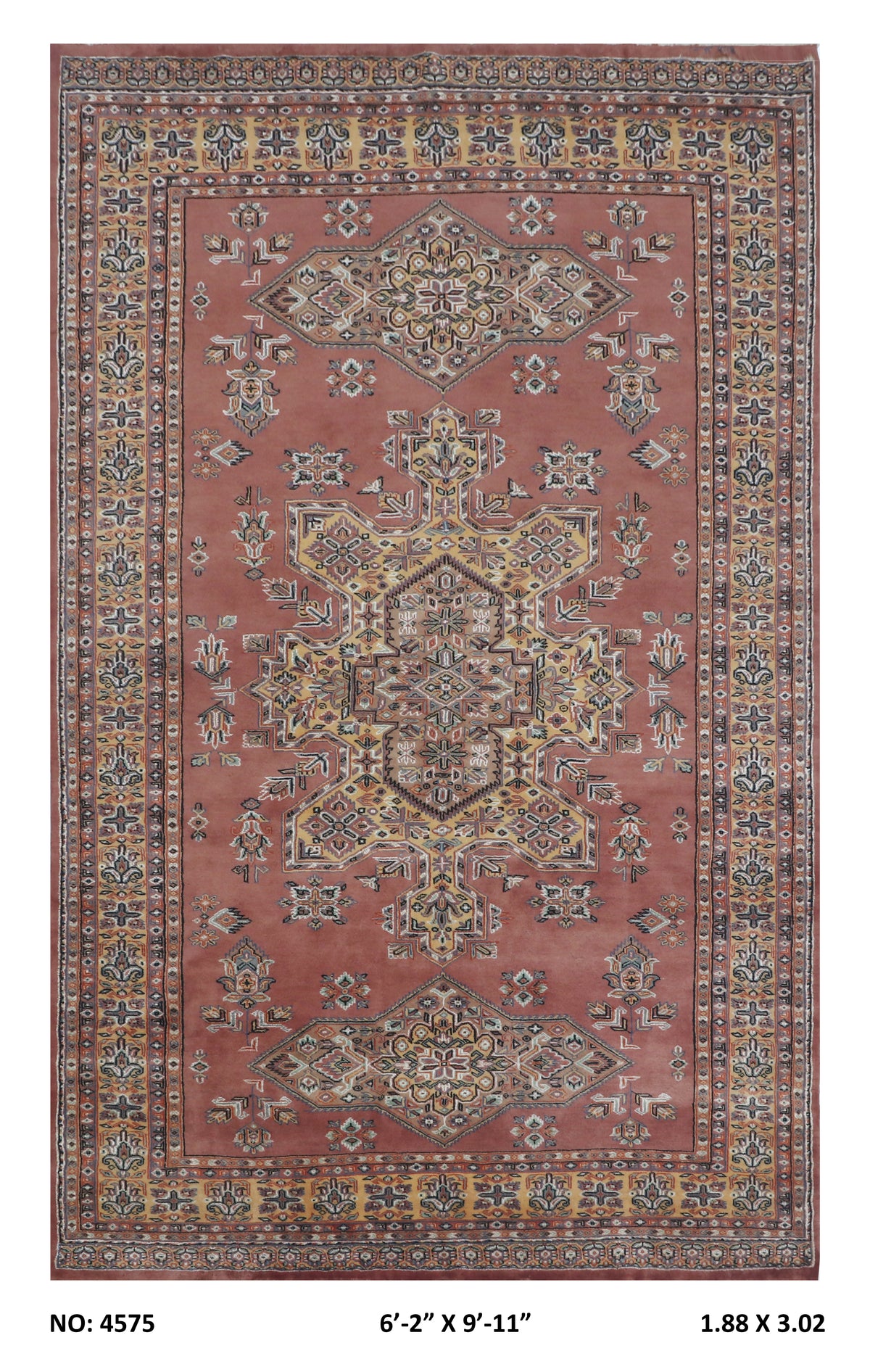 Full view of orange Kafkazi handwoven wool rug, 6 x 10 ft
