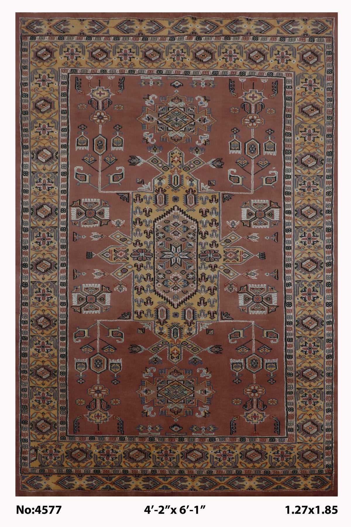 Full view of orange Kafkazi handwoven wool rug, 4 x 6 ft