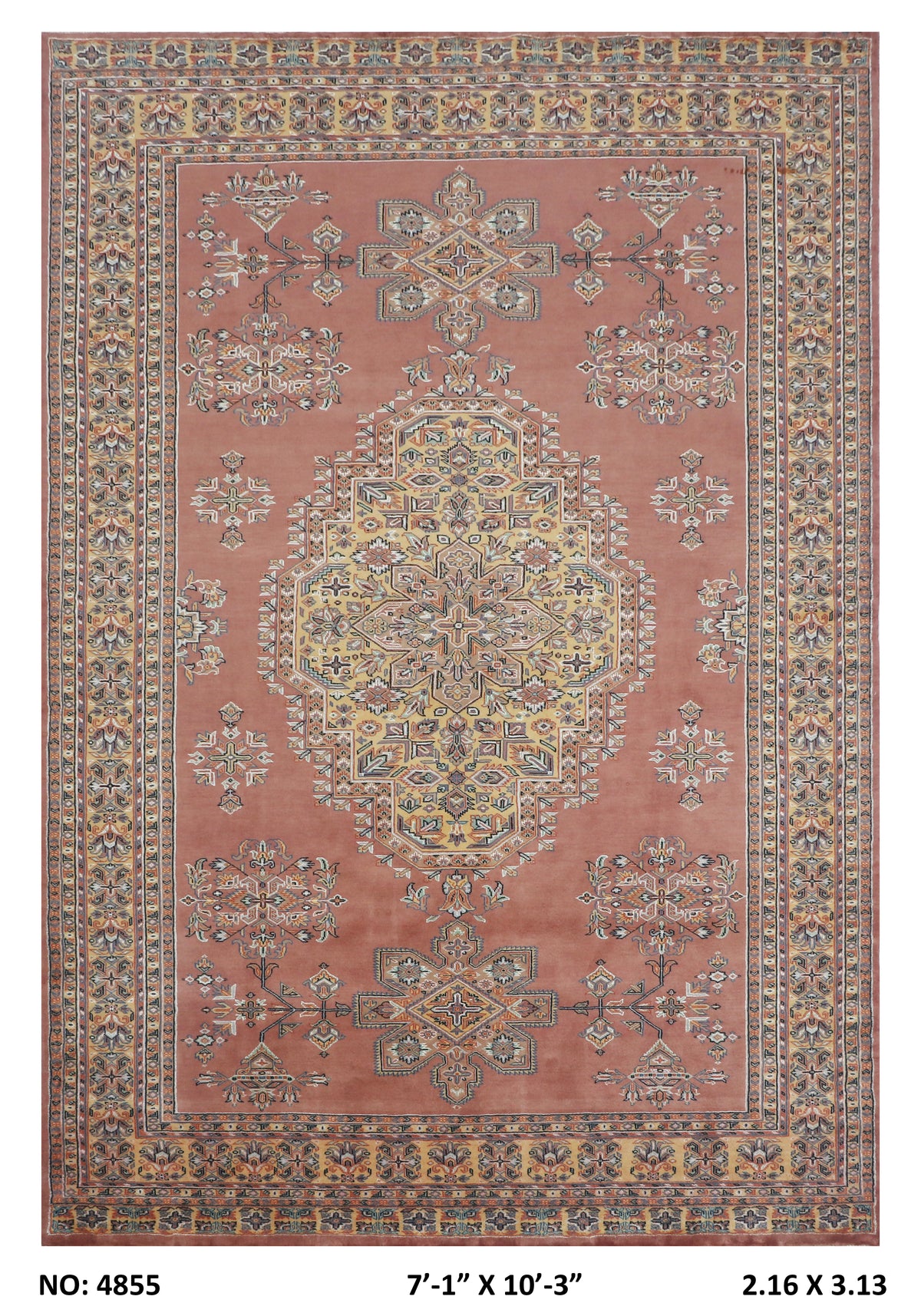 Full view of orange Kafkazi handwoven wool rug, 7 x 10 ft