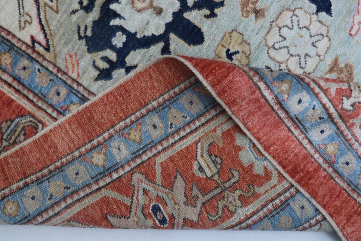 Detail view 9 of beige Oushak handwoven wool rug, 9 x 12 ft