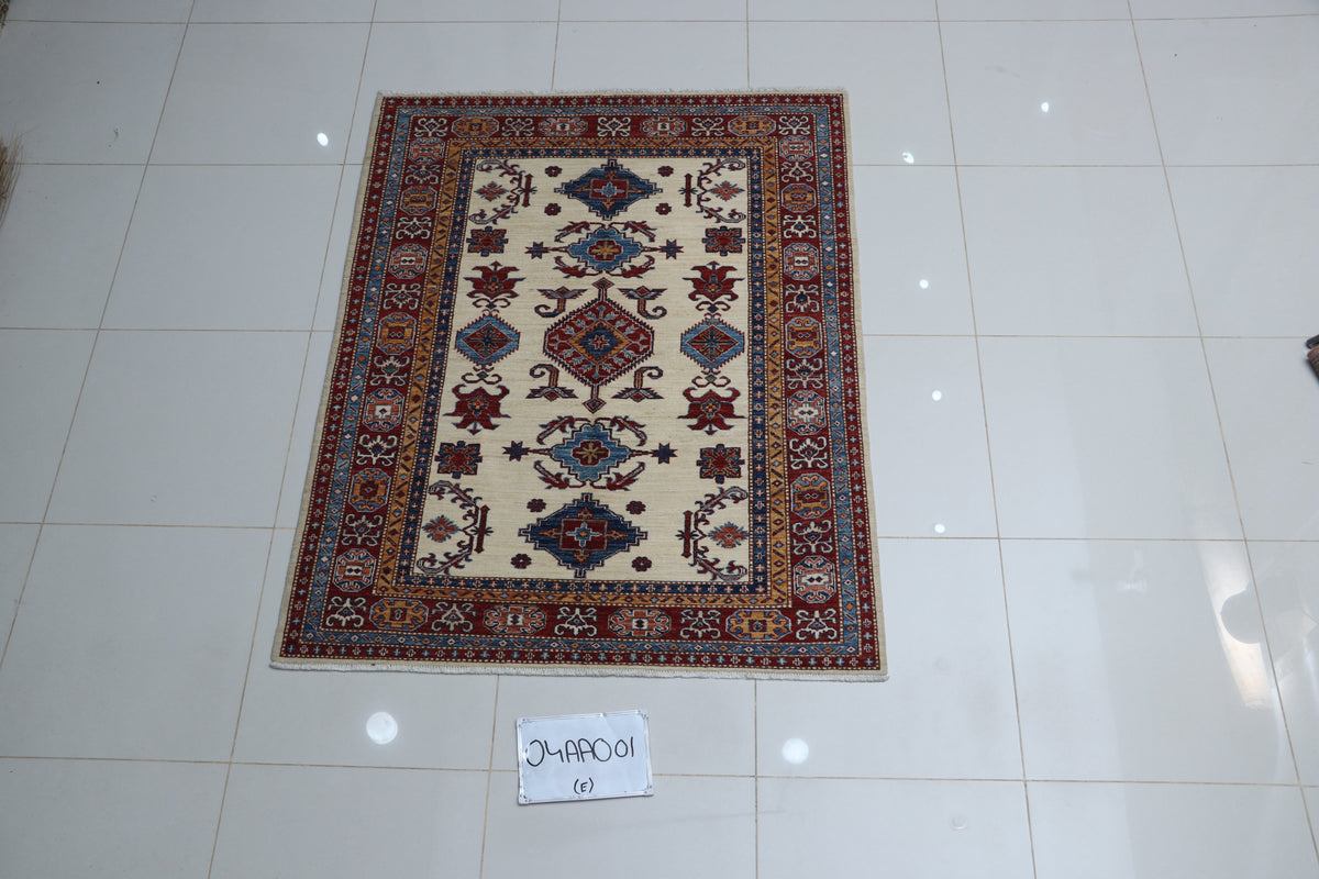 Full view of beige Super Kazak handwoven wool rug, Custom size