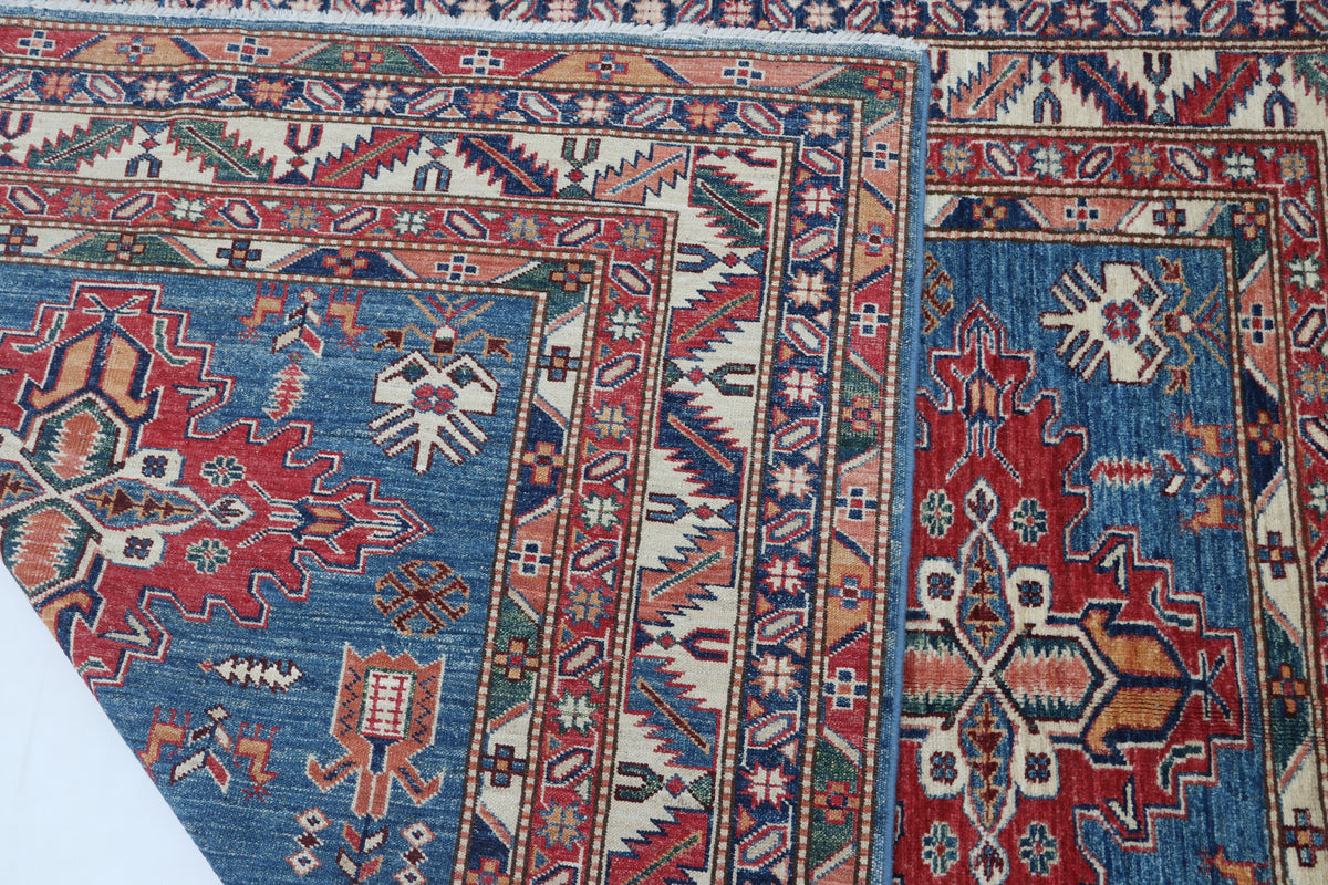 Detail 7 of blue floral Super Kazak cotton-and-wool rug, 5 x 6.5 ft