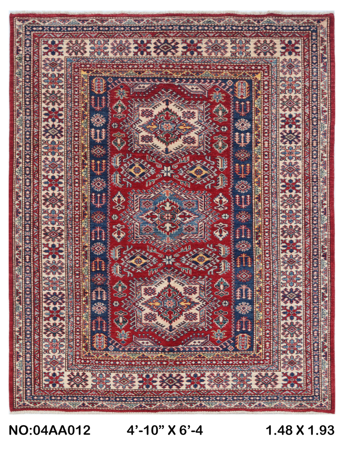 Full view of red Super Kazak handwoven wool rug, 5 x 6.5 ft