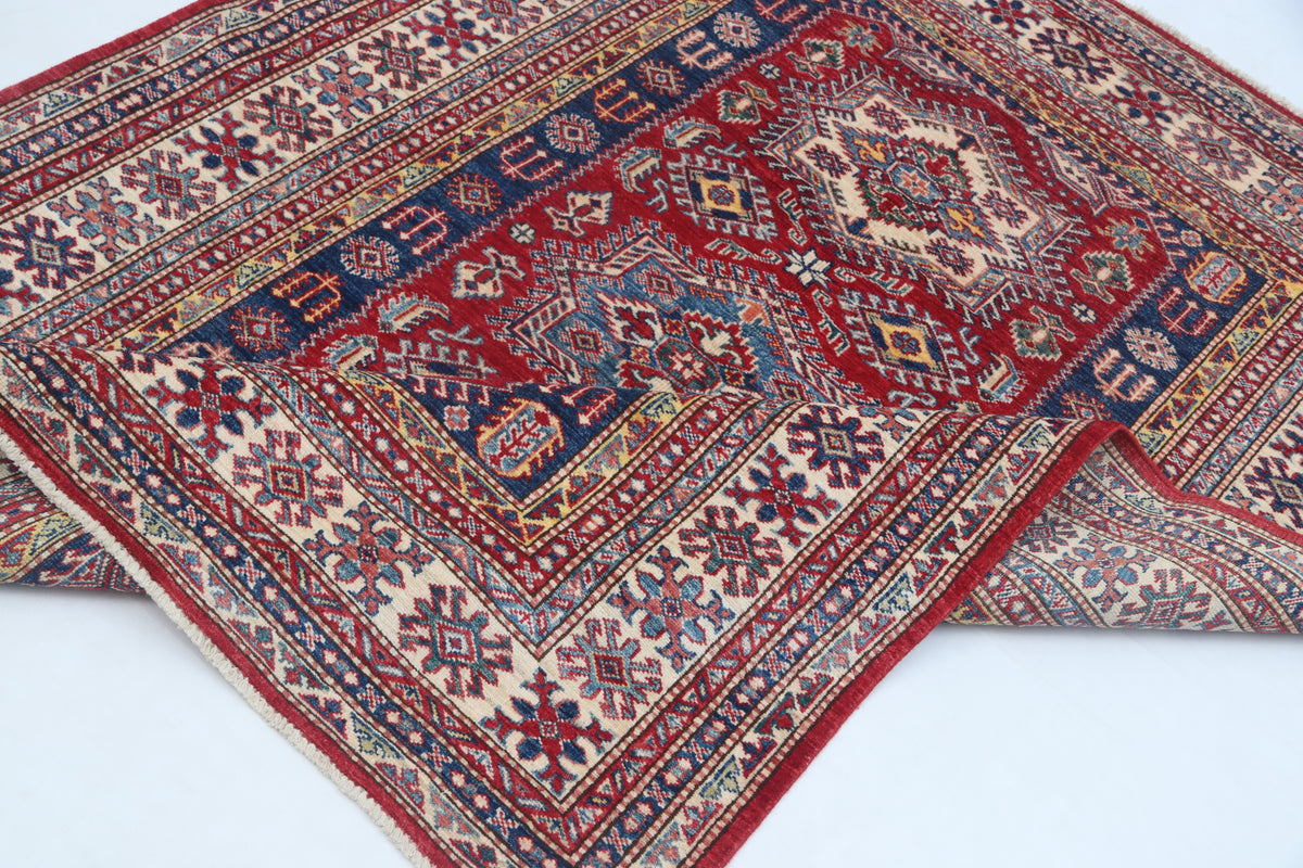 Detail view 10 of red Super Kazak handwoven wool rug, 5 x 6.5 ft