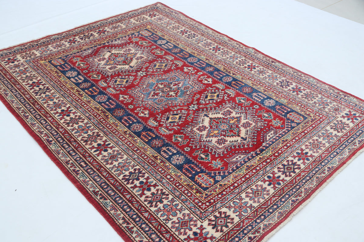 Detail view 3 of red Super Kazak handwoven wool rug, 5 x 6.5 ft