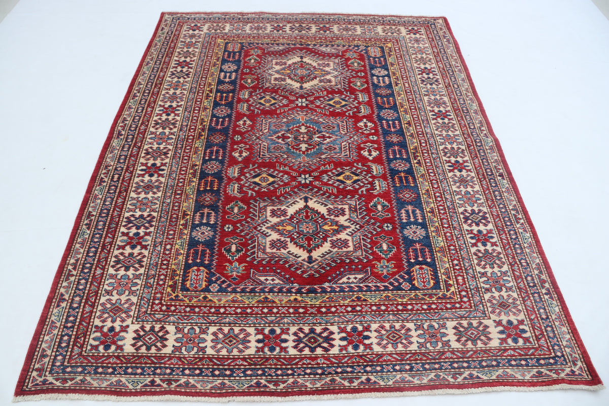 Detail view 4 of red Super Kazak handwoven wool rug, 5 x 6.5 ft