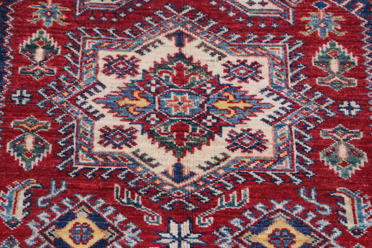 Detail view 5 of red Super Kazak handwoven wool rug, 5 x 6.5 ft