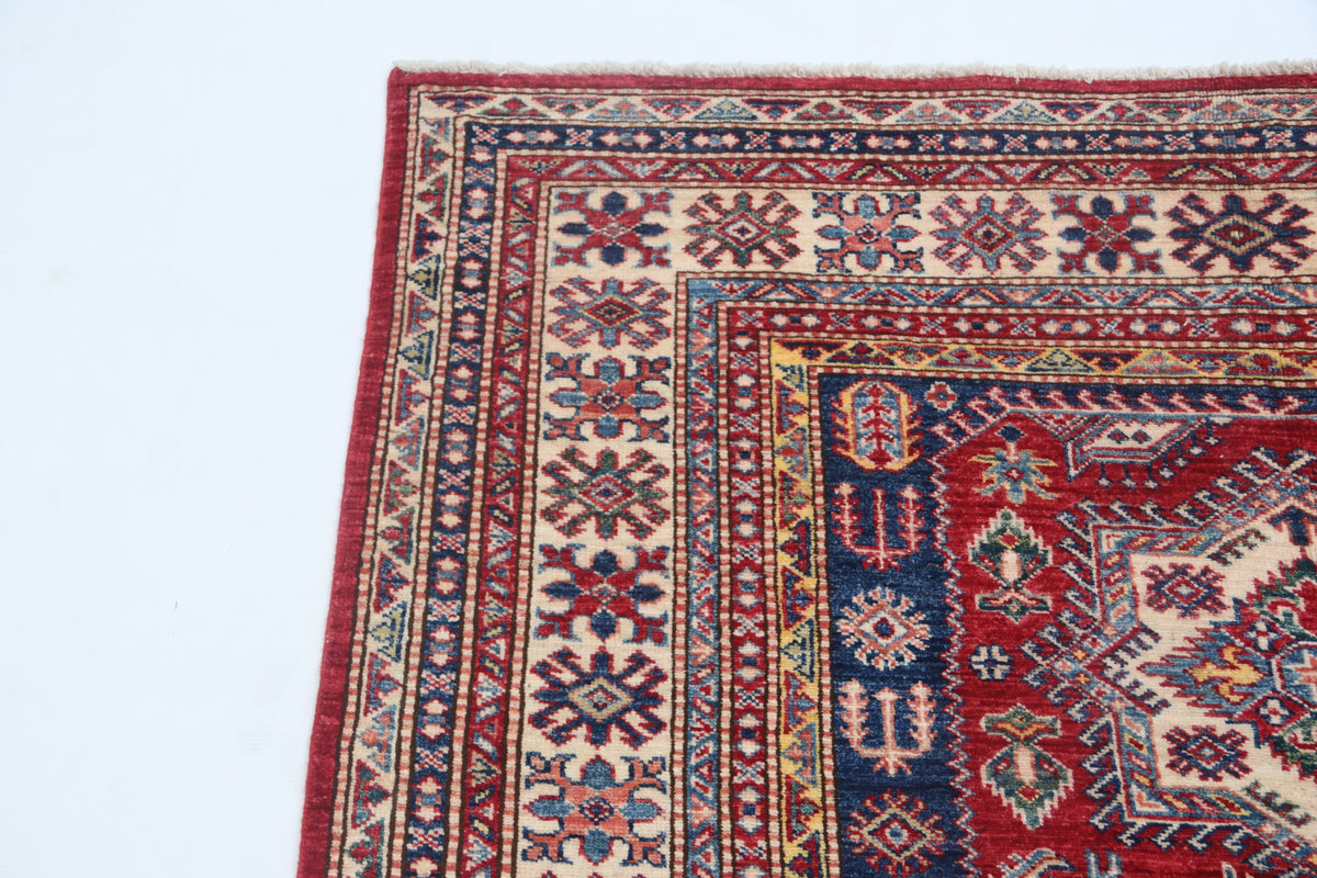 Detail view 6 of red Super Kazak handwoven wool rug, 5 x 6.5 ft