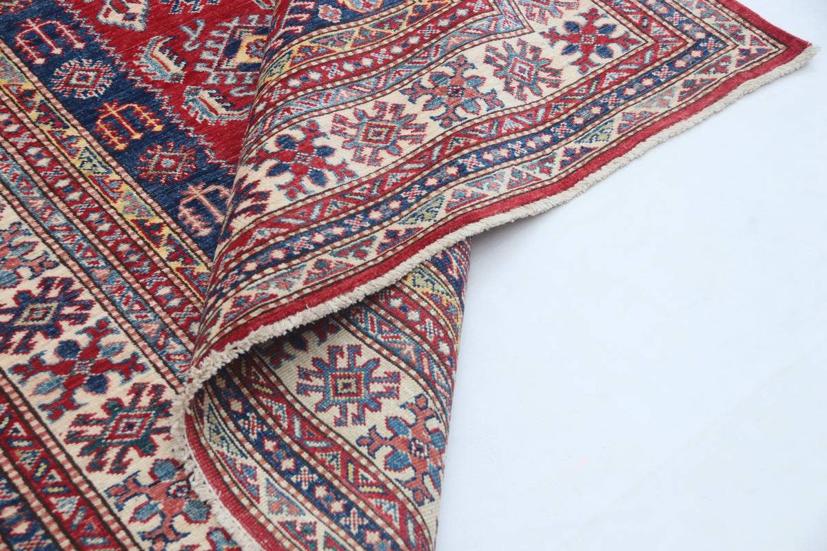 Detail view 9 of red Super Kazak handwoven wool rug, 5 x 6.5 ft