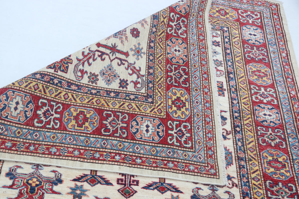 Detail view 7 of beige Super Kazak handwoven wool rug, 5 x 6 ft