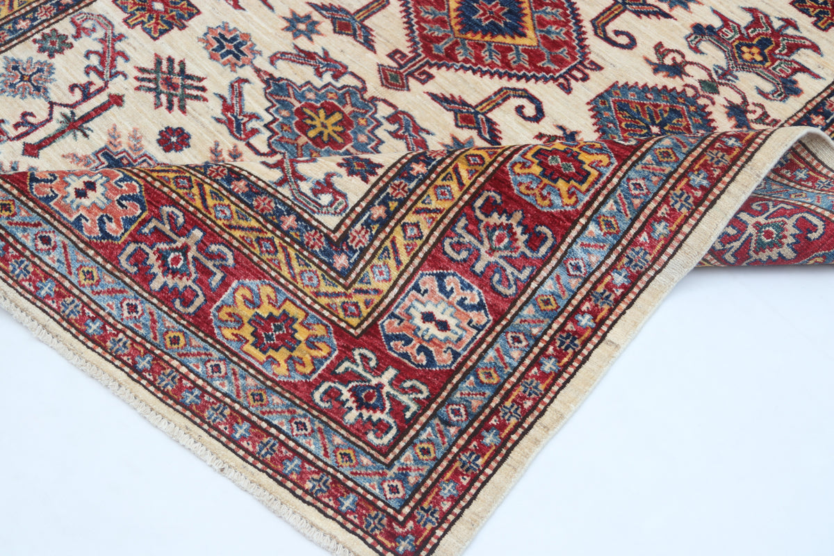 Detail view 8 of beige Super Kazak handwoven wool rug, 5 x 6 ft
