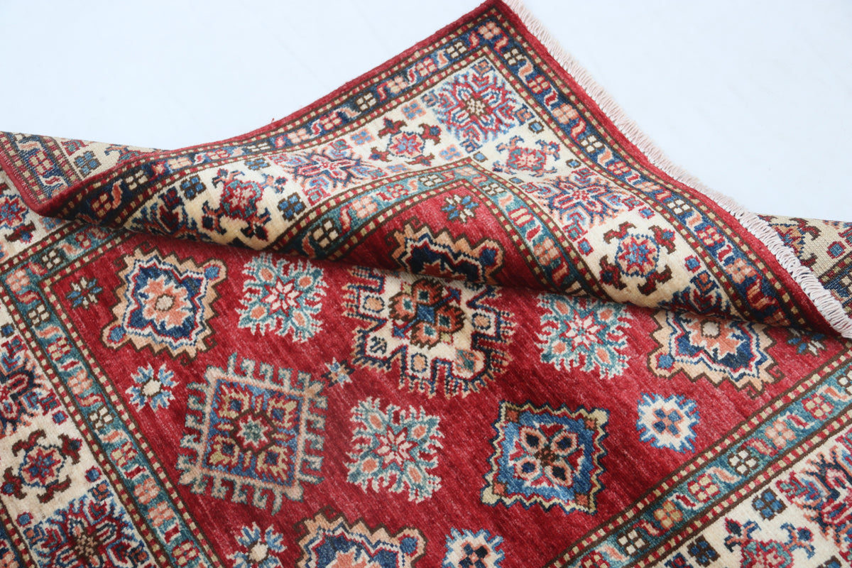 Detail 11 of red floral Super Kazak cotton-and-wool rug, 3.5 x 3.5 ft