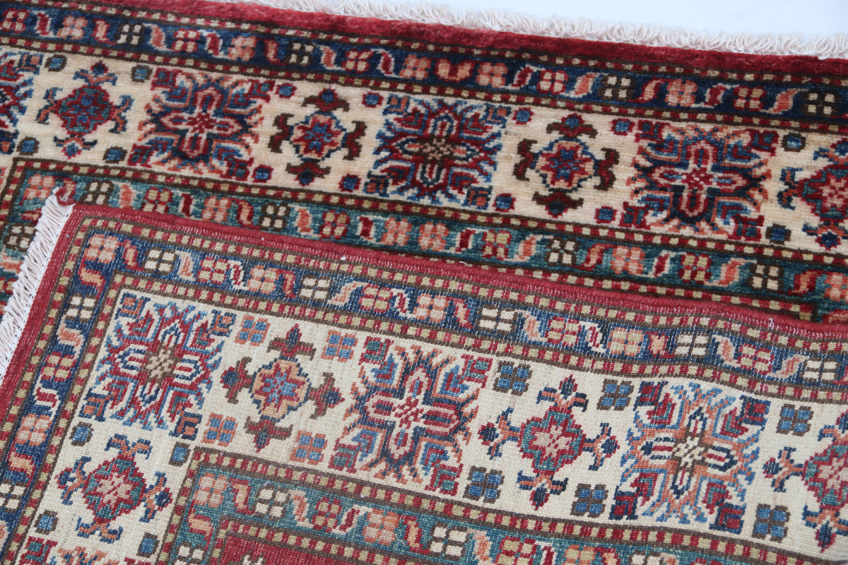 Detail 7 of red floral Super Kazak cotton-and-wool rug, 3.5 x 3.5 ft