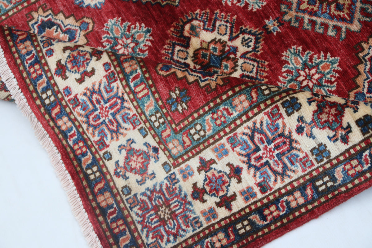 Detail 9 of red floral Super Kazak cotton-and-wool rug, 3.5 x 3.5 ft