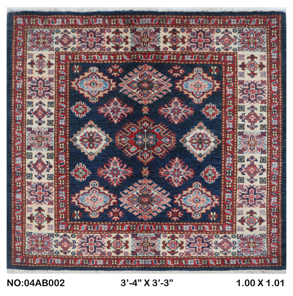 Full view of blue floral Super Kazak cotton-and-wool rug, 3.5 x 3.5 ft
