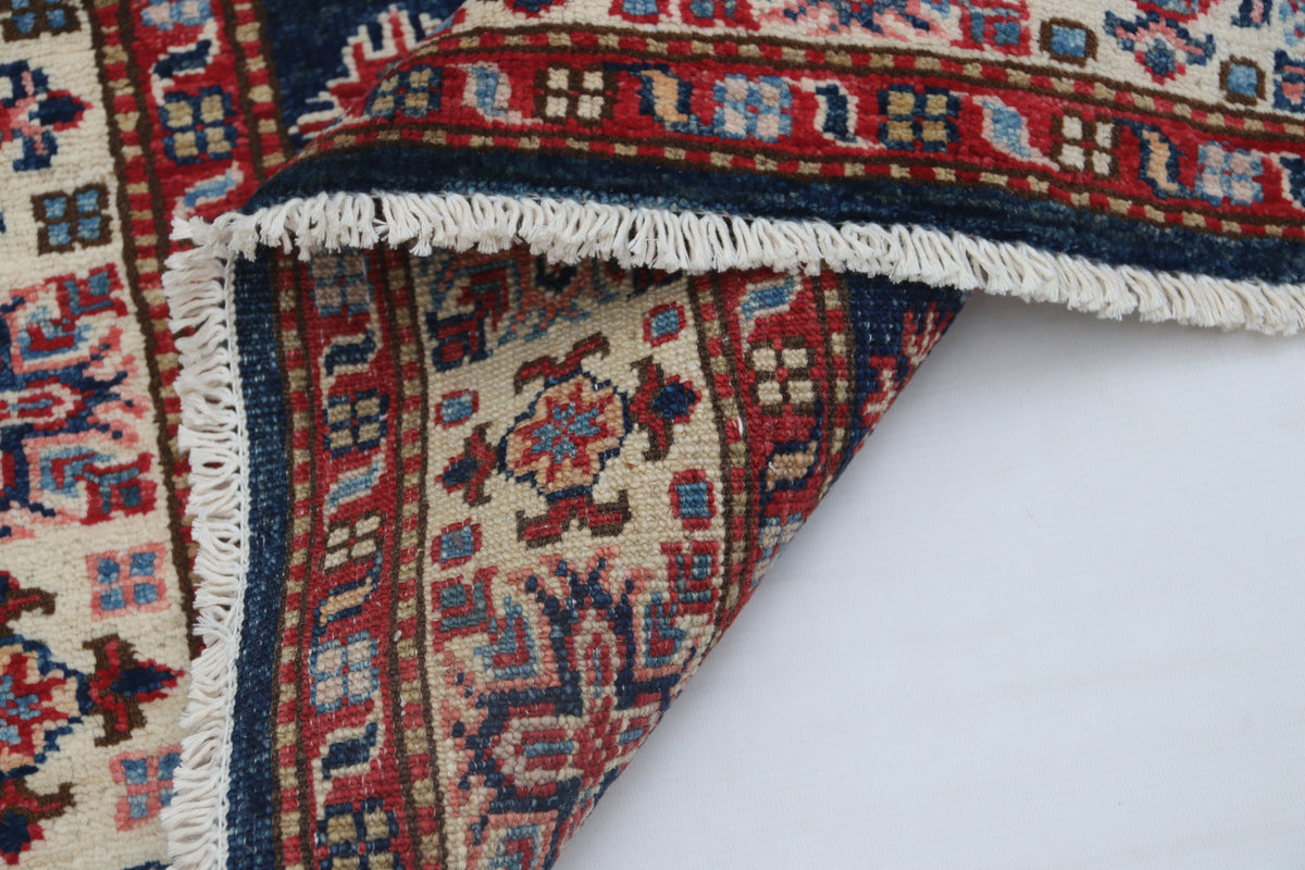 Detail 11 of blue floral Super Kazak cotton-and-wool rug, 3.5 x 3.5 ft