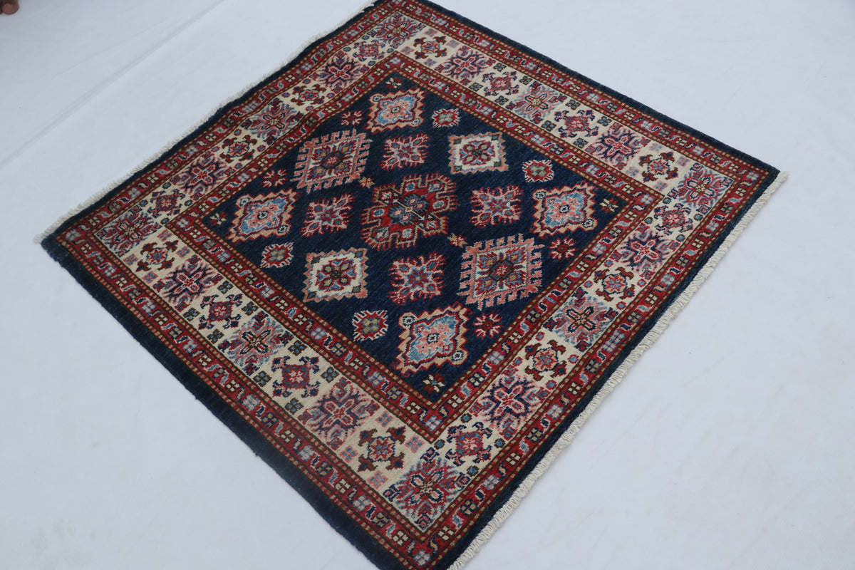 Detail 3 of blue floral Super Kazak cotton-and-wool rug, 3.5 x 3.5 ft