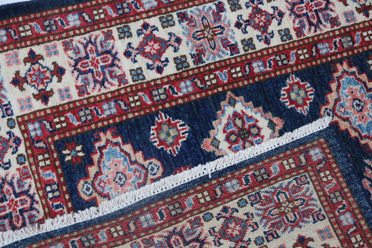 Detail 7 of blue floral Super Kazak cotton-and-wool rug, 3.5 x 3.5 ft