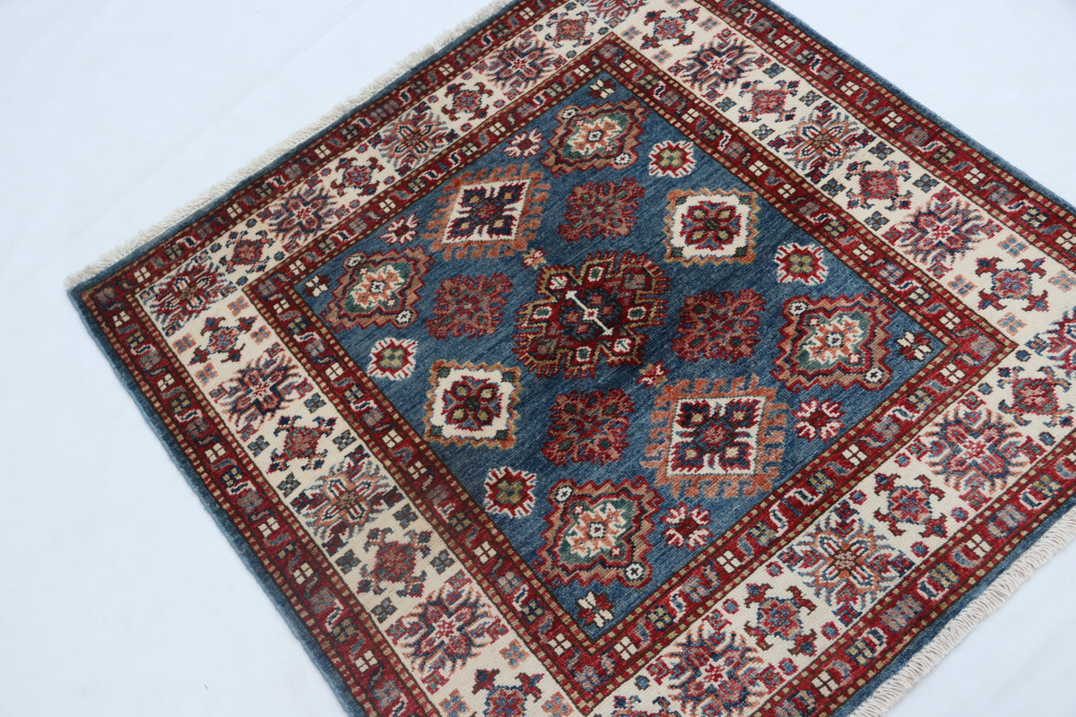 Detail 3 of blue floral Super Kazak cotton-and-wool rug, 3.5 x 3.5 ft