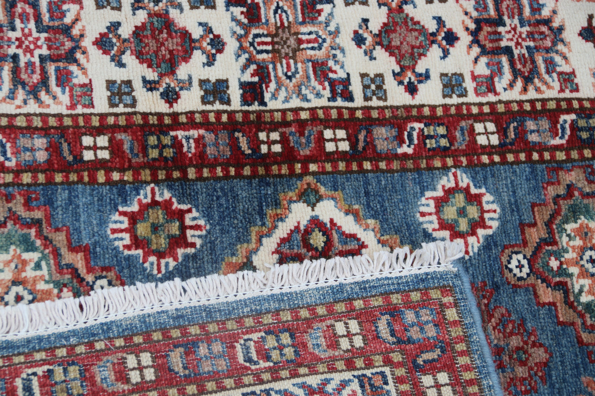 Detail 7 of blue floral Super Kazak cotton-and-wool rug, 3.5 x 3.5 ft