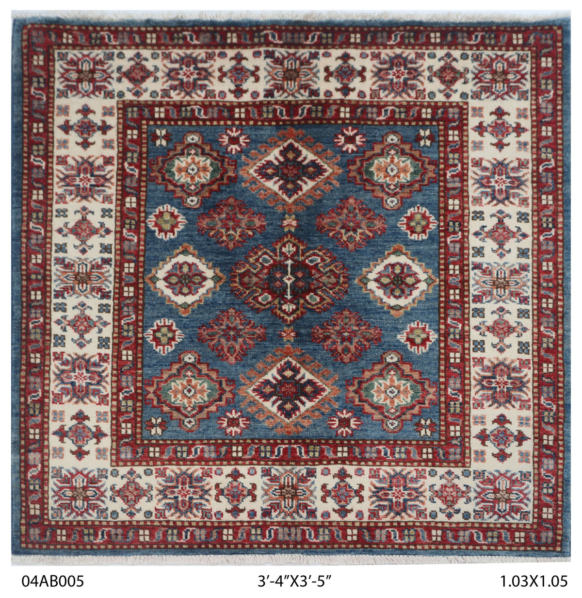 Full view of blue Super Kazak handwoven wool rug, 3.5 x 3.5 ft