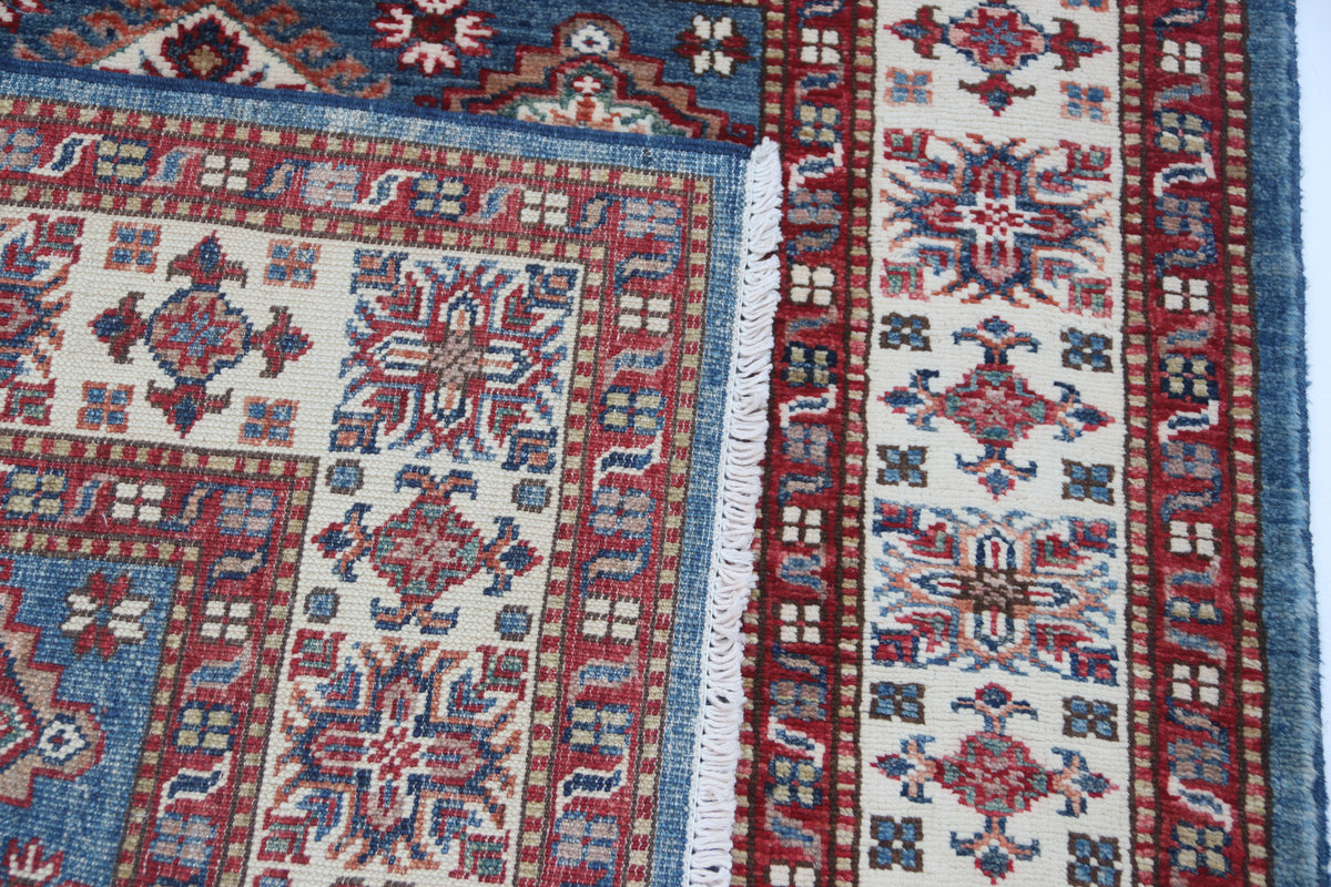 Detail view 10 of blue Super Kazak handwoven wool rug, 3.5 x 3.5 ft