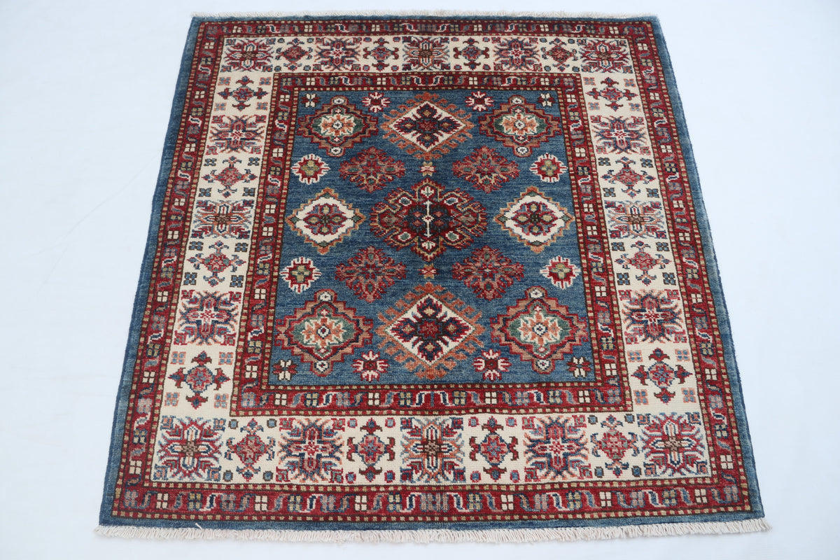 Detail view 2 of blue Super Kazak handwoven wool rug, 3.5 x 3.5 ft