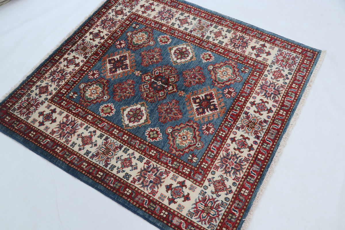 Detail view 3 of blue Super Kazak handwoven wool rug, 3.5 x 3.5 ft