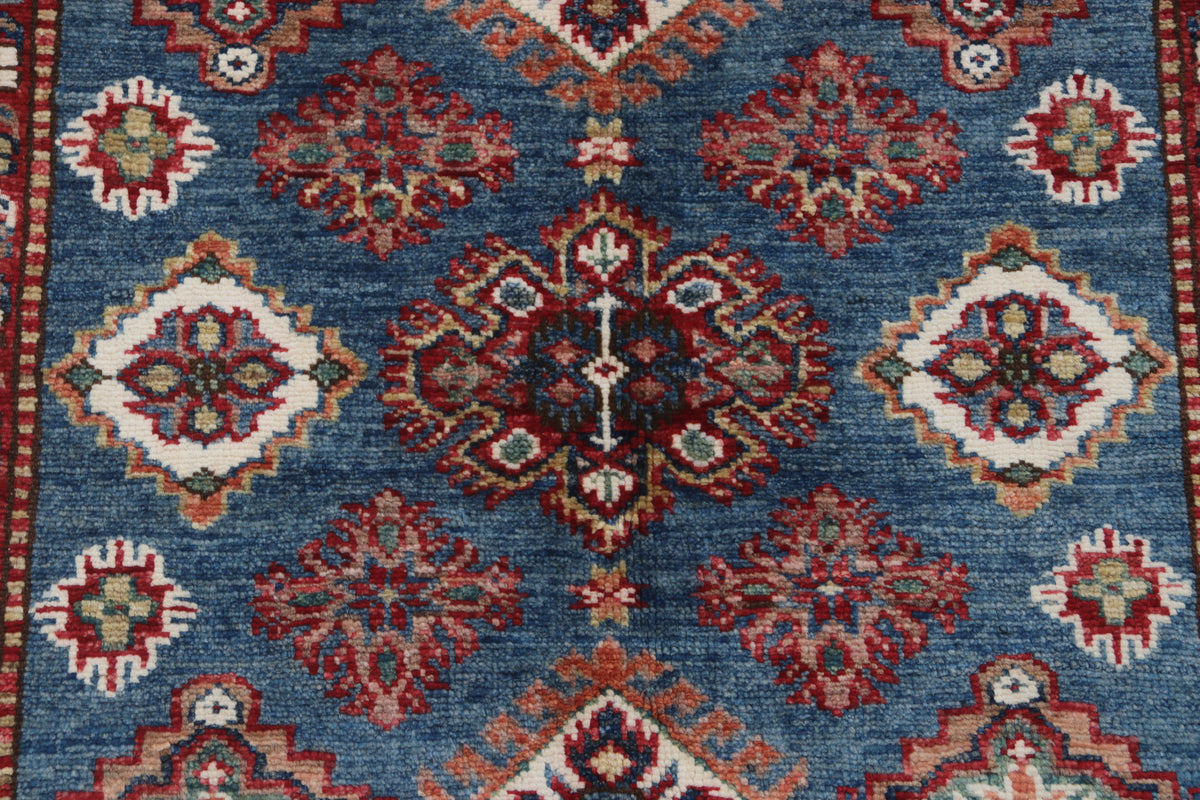 Detail view 4 of blue Super Kazak handwoven wool rug, 3.5 x 3.5 ft