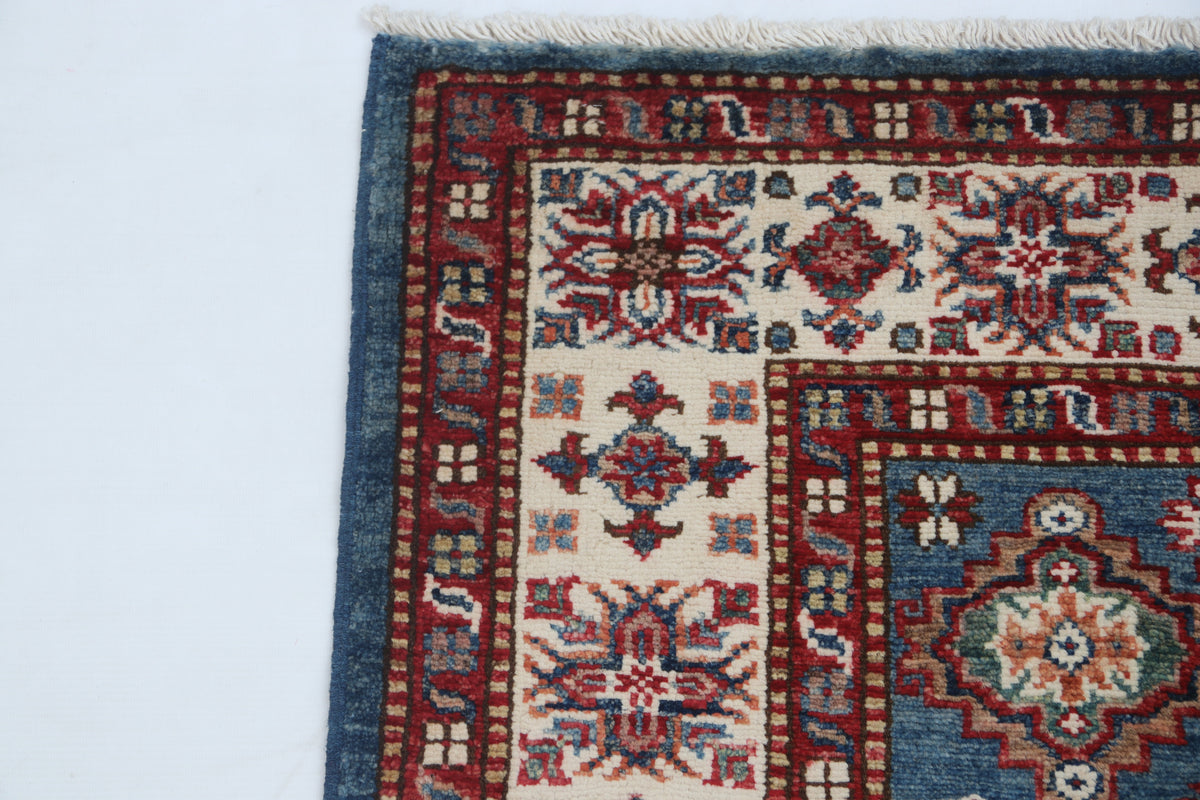 Detail view 5 of blue Super Kazak handwoven wool rug, 3.5 x 3.5 ft