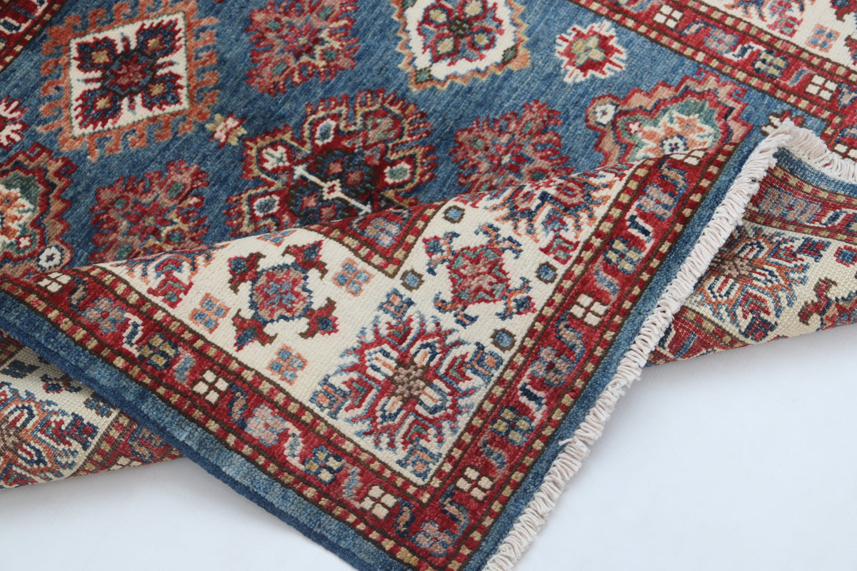 Detail view 6 of blue Super Kazak handwoven wool rug, 3.5 x 3.5 ft