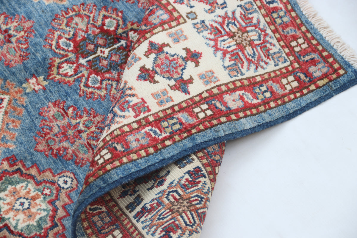 Detail view 7 of blue Super Kazak handwoven wool rug, 3.5 x 3.5 ft