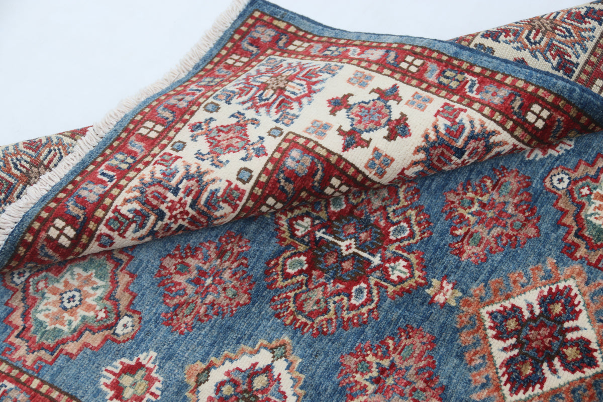 Detail view 8 of blue Super Kazak handwoven wool rug, 3.5 x 3.5 ft