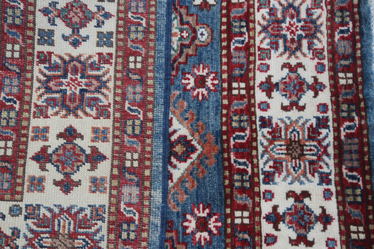 Detail view 9 of blue Super Kazak handwoven wool rug, 3.5 x 3.5 ft