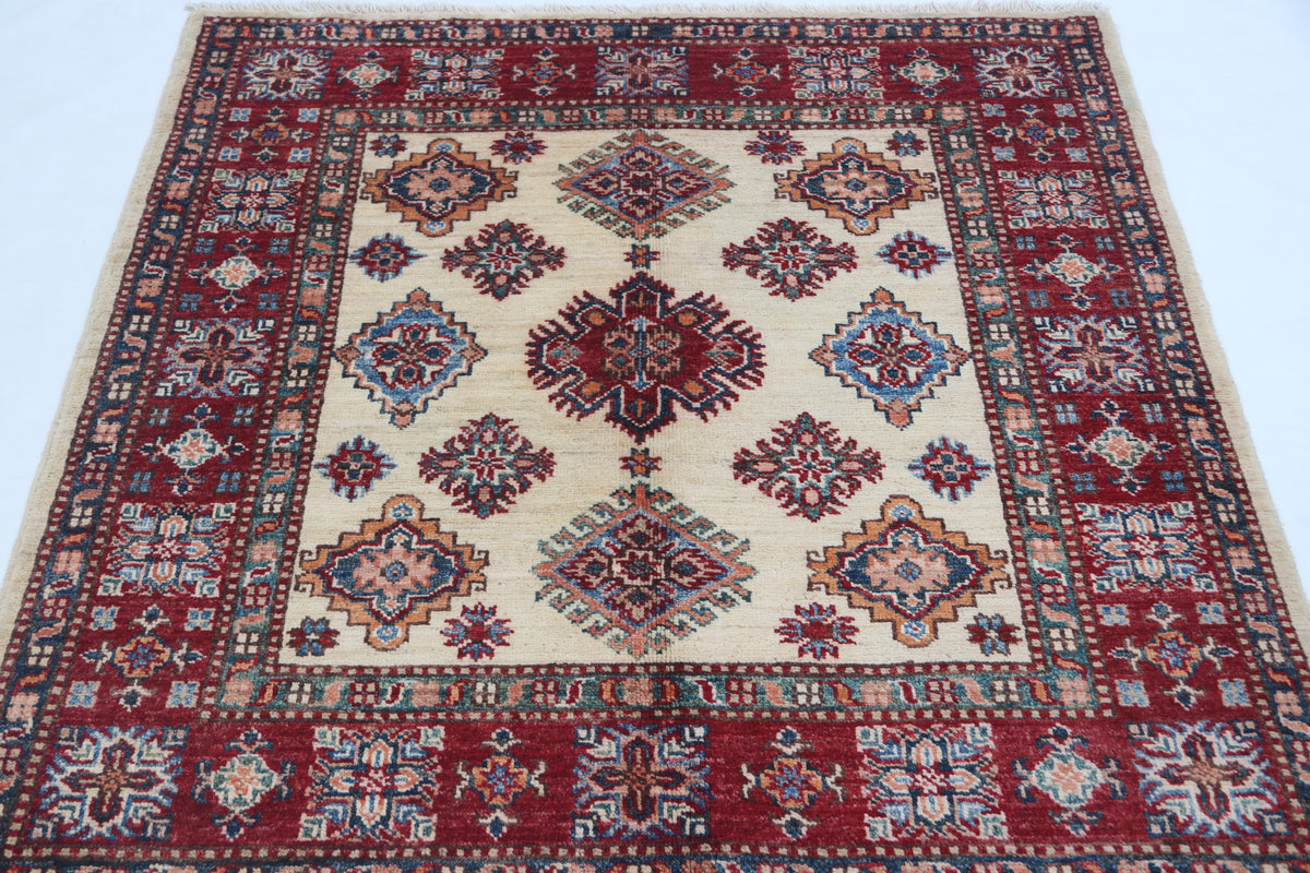 Detail view 3 of beige Super Kazak handwoven wool rug, 3.5 x 3.5 ft