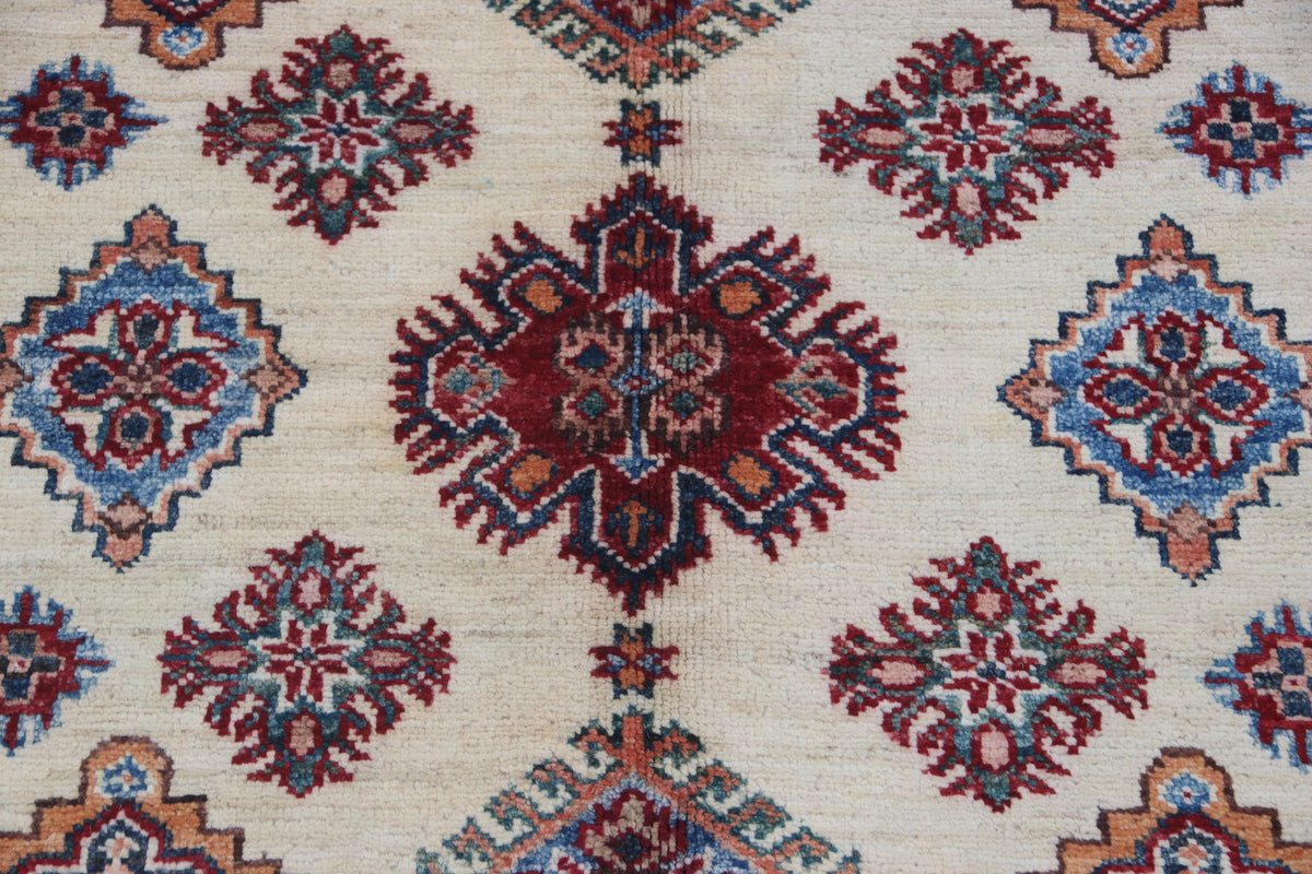 Detail view 4 of beige Super Kazak handwoven wool rug, 3.5 x 3.5 ft