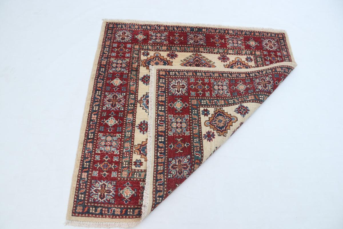 Detail view 7 of beige Super Kazak handwoven wool rug, 3.5 x 3.5 ft