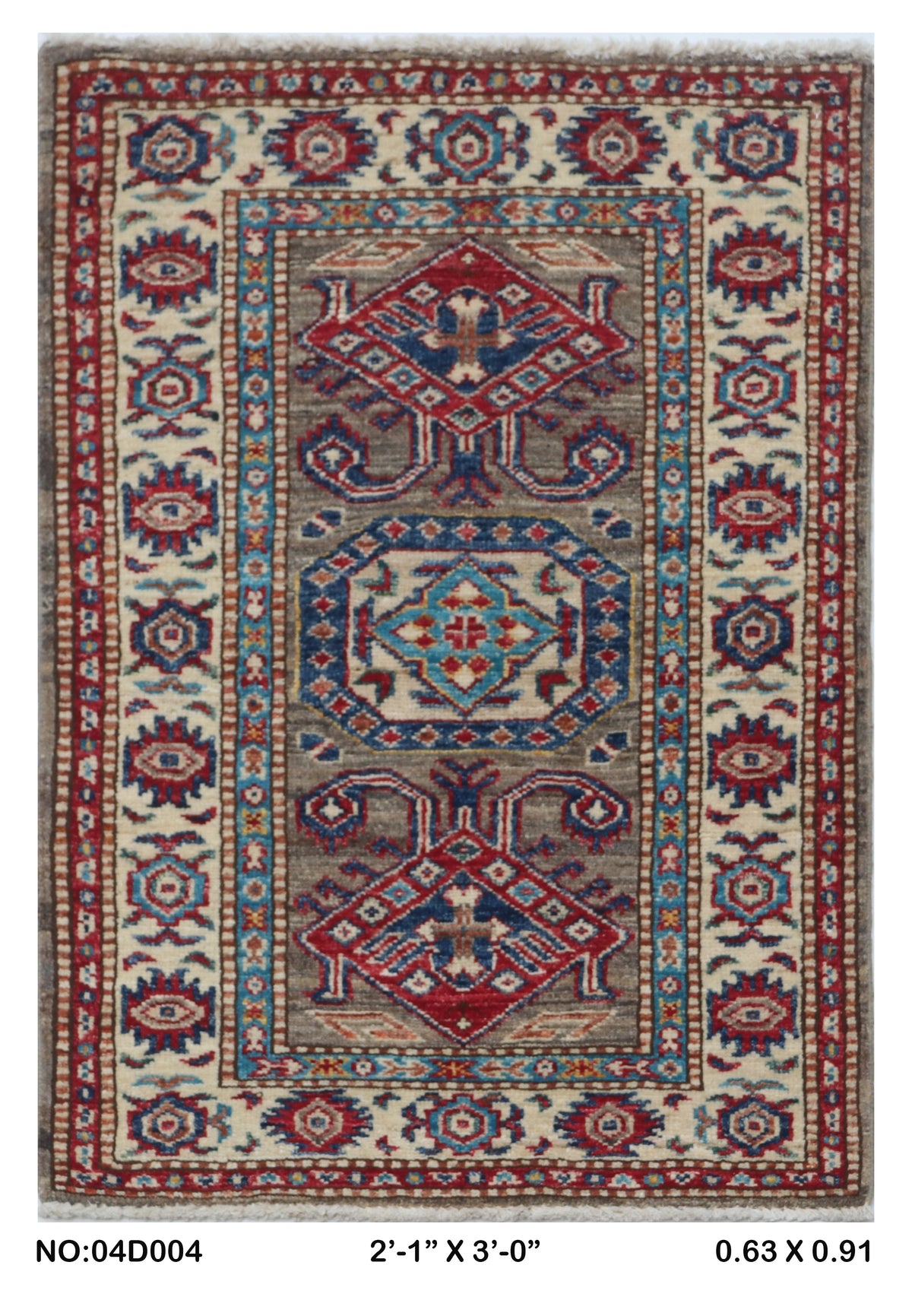 Full view of gray floral Super Kazak cotton-and-wool rug, 2 x 3 ft