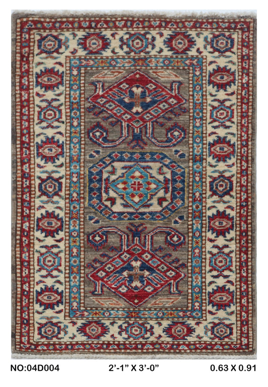 Full view of gray floral Super Kazak cotton-and-wool rug, 2 x 3 ft