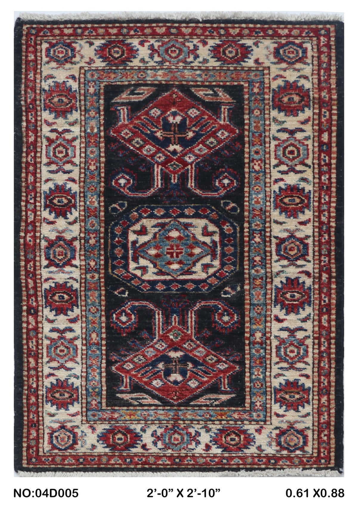 Full view of black floral Super Kazak cotton-and-wool rug, 2 x 3 ft