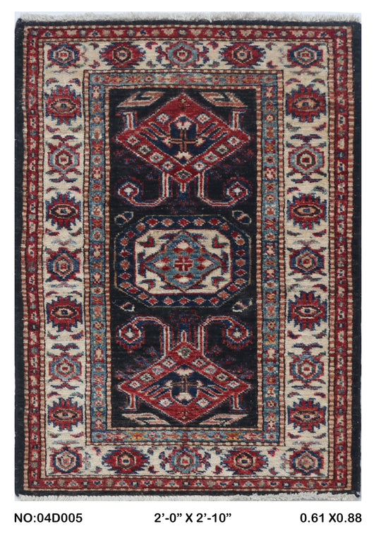 Full view of black floral Super Kazak cotton-and-wool rug, 2 x 3 ft