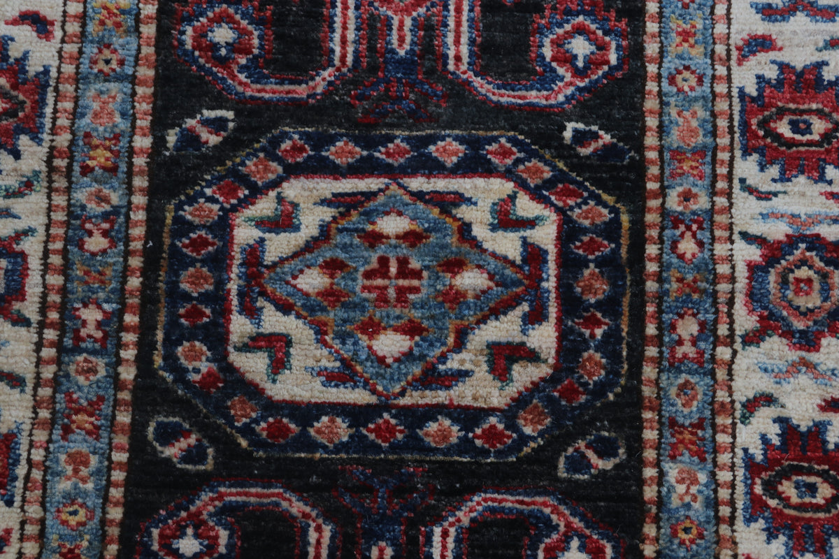 Detail 4 of black floral Super Kazak cotton-and-wool rug, 2 x 3 ft