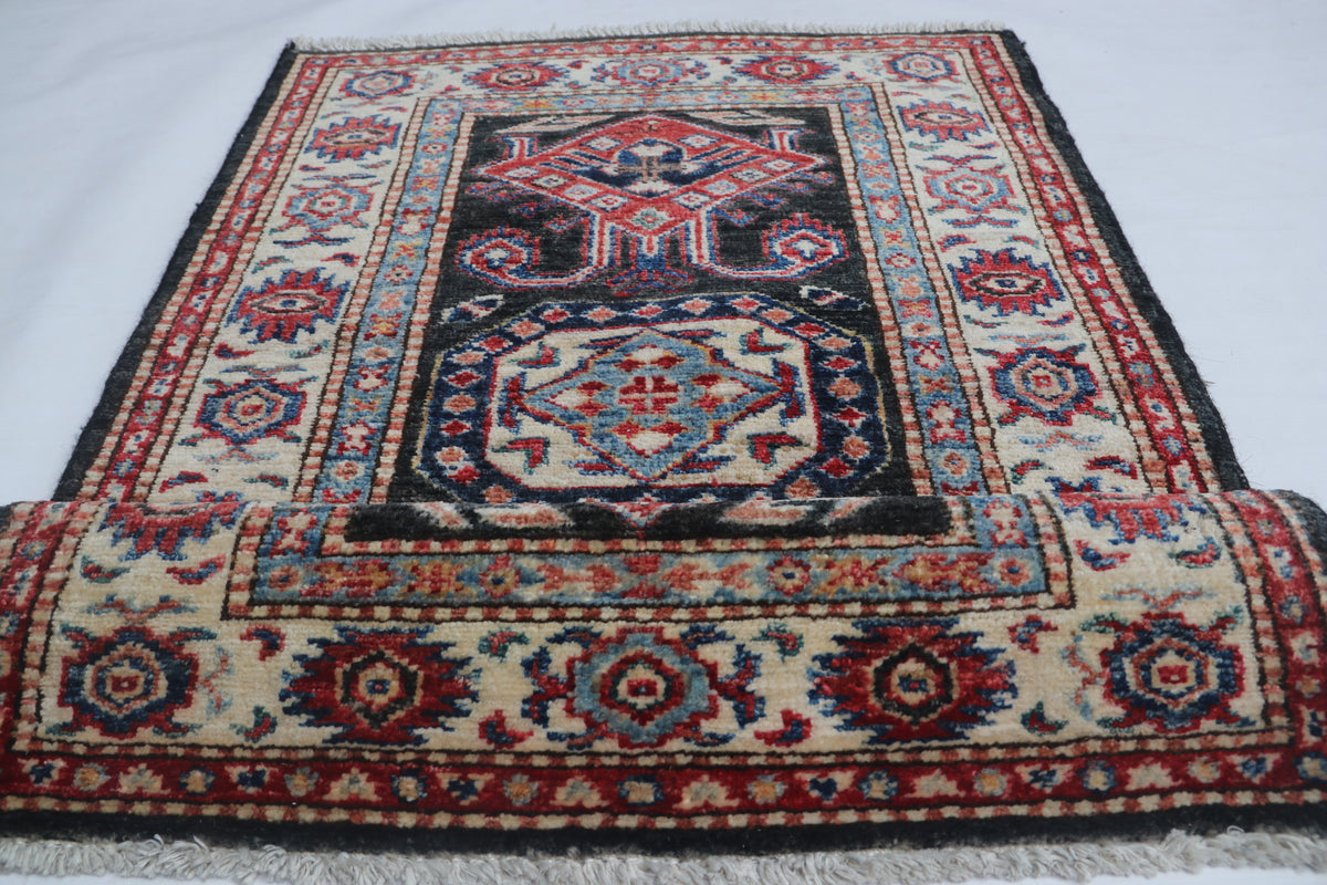 Detail 6 of black floral Super Kazak cotton-and-wool rug, 2 x 3 ft