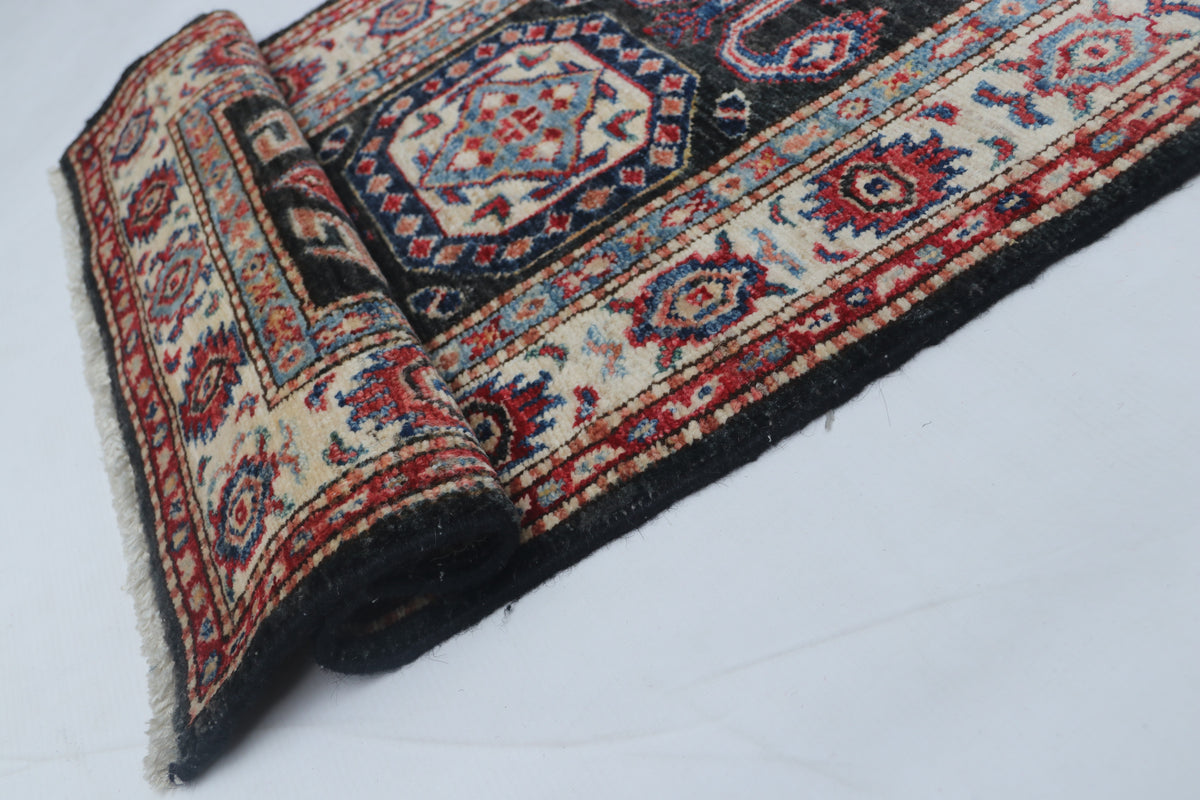 Detail 7 of black floral Super Kazak cotton-and-wool rug, 2 x 3 ft